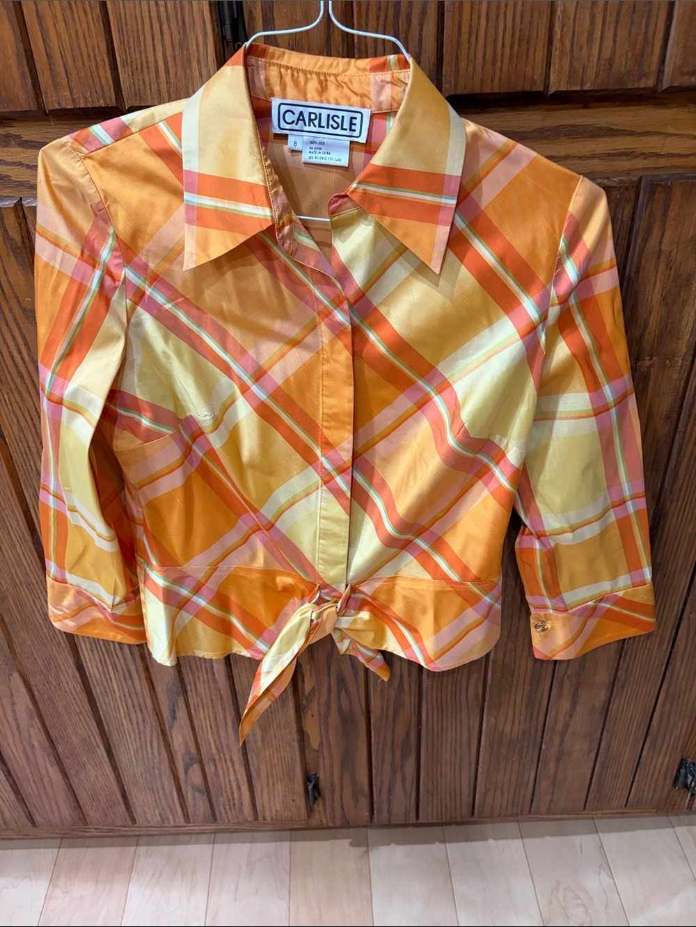 Carlisle Yellow & Orange Plaid Tie-Front Button-Down Shirt 100% silk 
Size 8